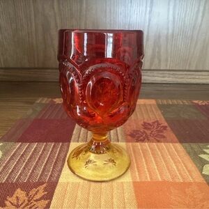 Moon And Star Amberina Glass Water Goblet, Red /Yellow. By L .G Wright. 6x3.25